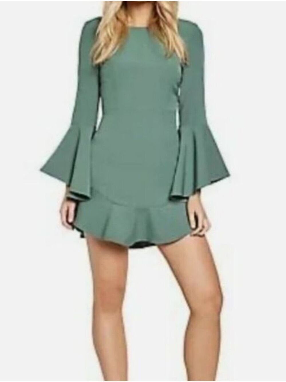 BARDOT GREEN LOW BACK MINI DRESS WITH STATEMENT SLEEVE AND RUFFLE BOTTOM 8 NWT